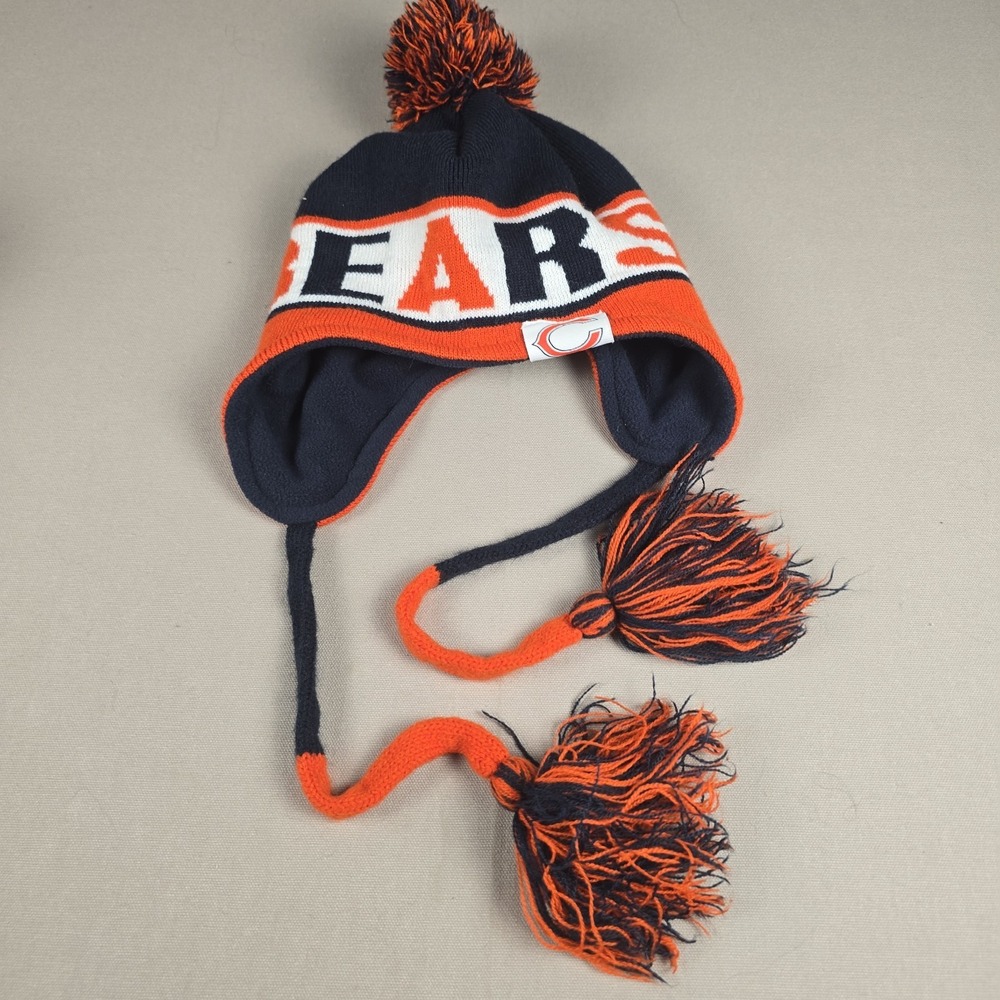 Chicago Bears NFL Knit Earflap Aviator Hat Beanie Pom Tassels Navy Orange White